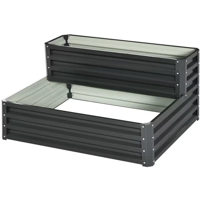 Image of Outsunny 2 Tier Galvanised Raised Garden Bed Planter Box Open Bottom Dark Grey