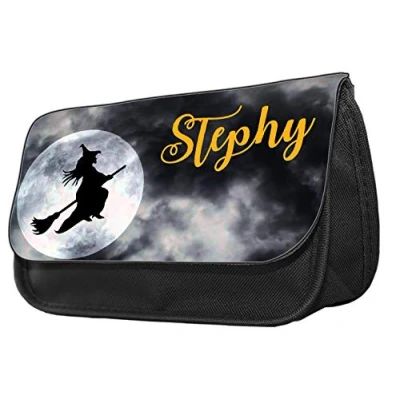 Image of Personalised Flying Witch On The Moon Themed Pencil Case. Make up case, Back to School Gift.