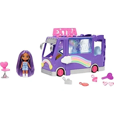 Image of Barbie Sets, Extra Mini Vehicle Playset with Doll, Expandable Tour Bus, Clothes and Accessories​, HKF84