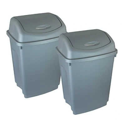 Image of 2 x Simpa® 12L 12 Litre Silver Swing Bin Heavy Duty Plastic Home Garden Kitchen Rubbish Recycle Waste Dustbin Made in UK