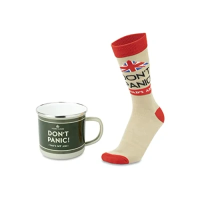 Image of Dad&#039;s Army Don&#039;t Panic Enamel Mug and Socks Gift Set Coffee Tea Cup with Quote