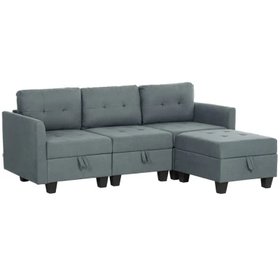 Image of HOMCOM Convertible Modular Sectional Sofa with Storage, 3 Seater Set, L Shaped Couch Ottoman, Wood Frame for Living Room, Dark Grey