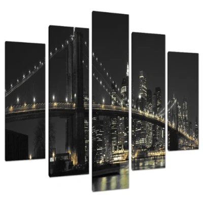 Image of Set of 5 Panel New York Canvas Wall Art Pictures Bridges Cities 5075