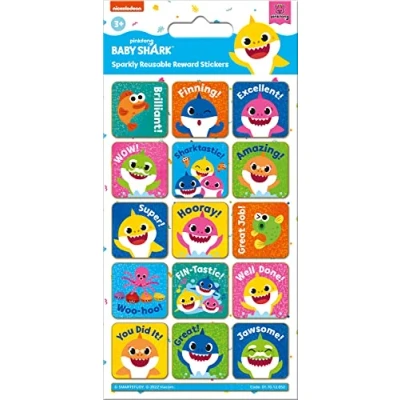 Image of Paper Projects 01.70.12.052 Baby Shark Sparkly Reward Stickers Official Licensed Product Reusable on Non Porous Surfaces, White, 19.5cm x 9.5cm