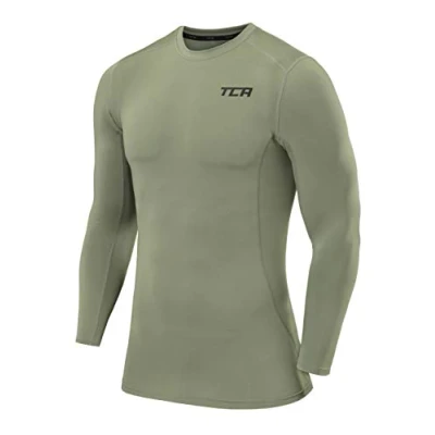 Image of TCA Boys Pro Performance Compression Shirt Long Sleeve Top Tops for Base Layers Army, 12 14 Years