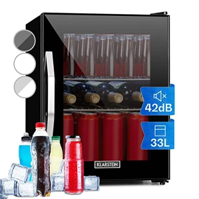 Image of KLARSTEIN Beer &amp; Drink Fridge, Glass Door Mini 33L Table Top with Removable Shelves, Indoor/Outdoor Home Bar Storage