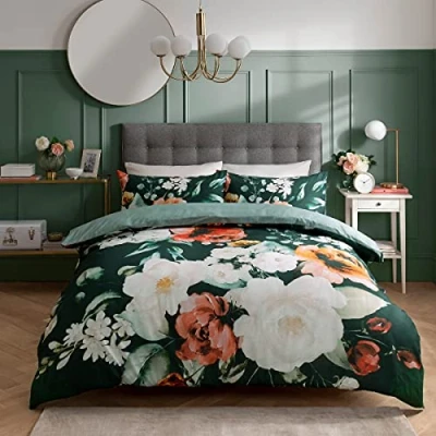Image of Sleepdown Painted Large Floral Bloom Green White 100% Cotton Duvet Cover Quilt and Pillow Case Bedding Set Soft Easy Care Single (135cm x 200cm)