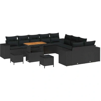 Image of vidaXL 13 Piece Garden Sofa Set with Cushions Black Poly Rattan Acacia