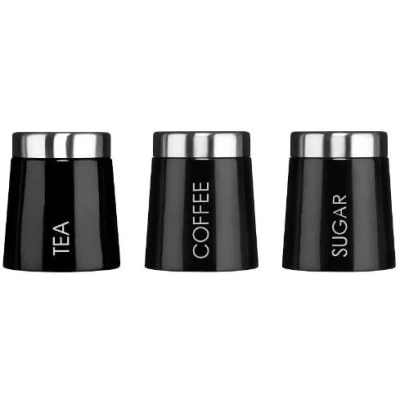 Image of Paramount Housewares Set of 3 Tea, Coffee &amp; Sugar Canisters Stainless Steel Lids Conical Shape Charcoal Black