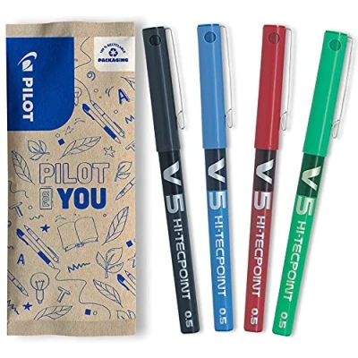 Image of Pilot Set of 4 V5 Liquid Ink Rollerball 0.5mm Black, Blue, Red, Green Fine Tip