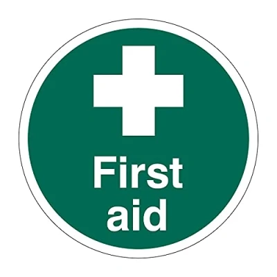Image of First Aid Floor Sticker Safety Sign, Hard Wearing Non Slip/Abrasive Lamination, R9 Grade For Slip Resistance, High Strength Adhesive Backing, 400mm Diameter