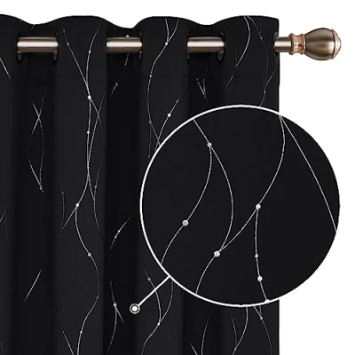Image of Deconovo Home Decoration Dotted Line Foil Printed Blackout Curtains Energy Saving Thermal Insulated Eyelet Room Darkening for Doors 66 x 54 Inch Black 2 Panels