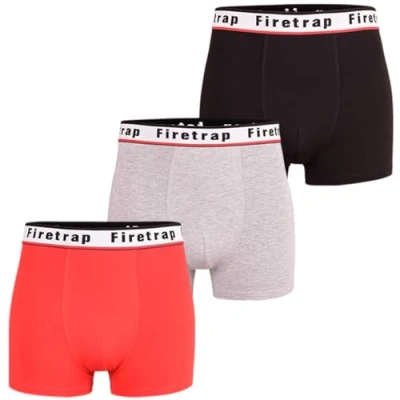 Image of Firetrap Mens 3 Pack Designer Boxer Shorts, Underwear Gift Set Trunks Comfortable Stretch Cotton Plain Colours Briefs Red, Black, Grey S