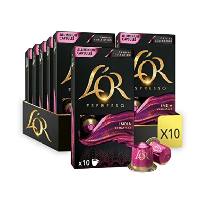 Image of L&#039;OR Origins India Intensity 10 Nespresso Compatible Coffee Pods (Pack of 10, Total 100 Capsules)