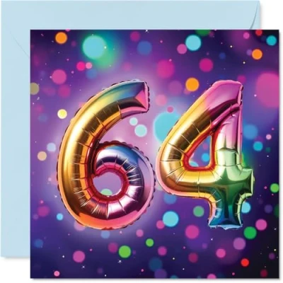 Image of 64th Birthday Cards for Men Women Rainbow Foil Balloon Happy Card 64 Year Old Man Woman Dad Brother Grandad Grandma, 145mm Bday Greeting