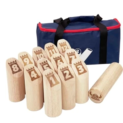 Image of JacMok Skittle Scatter Throwing Game Kubb Viking Numbers with Pocket Wooden Toy for Outdoor Use