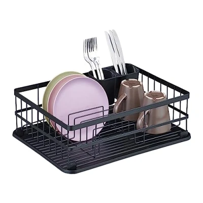 Image of Relaxdays Dish Drainer, with Drip Tray, Drying Rack for Plates, Bowls, Cups, 15 x 42.5 32 cm, Crockery Holder, Black, Iron