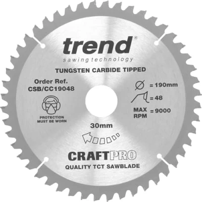 Image of Trend Wood Mitre Saw Blade, 190mm Diameter, 30mm Bore, 48 Teeth, TCT, 2.6mm Kerf, 5 Hook, CSB/CC19048