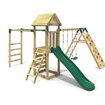 Image of Rebo® Children&#039;s Wooden Climbing Frame with Swings, Slide, Up and Over wall Monkey Bars Dolomite OutdoorToys Sturdy Construction, Pressure Treated Timber