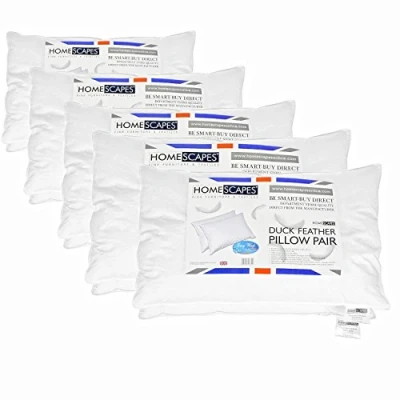 Image of HOMESCAPES 10x White Duck FEATHER Pillow Department Store Quality Anti Dust Mite Machine Washable Medium / Soft Firmness 100% Cotton Downproof Cover