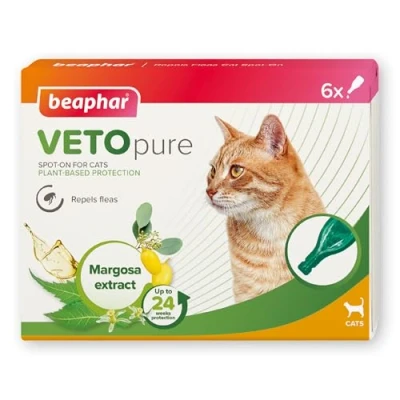 Image of Beaphar VETOpure Flea Spot On for Cats, 6 pipettes Plant Based Protection Repels Fleas up to 4 Weeks Pack Provides 24 Contains Margosa Extract