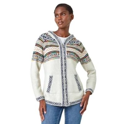 Image of Roman Originals Women Jumper with Hood Ladies Winter Hoodie Pockets Nordic Aztec Print Hooded Sweater Autumn V Neck Soft Festive Flattering Going Out Casual Smart Off White Size 10