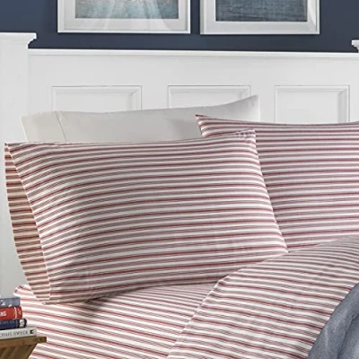 Image of Nautica Queen Sheets, Cotton Percale Bedding Set, Casual Home Decor (Coleridge Stripe Red, Queen)