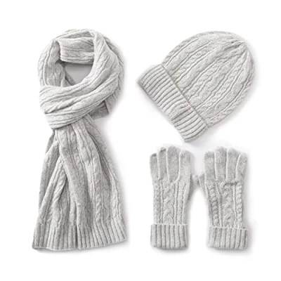 Image of Villand 3 in 1 Womens Wool Hat Gloves &amp; Scarf Winter Set, Piece Cable Knitted Beanie for Women with Gift Box (Grey)