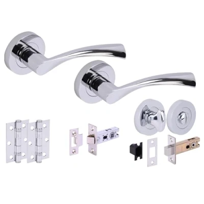 Image of HANDLEZONE® Lobo Door Handles on Rose Bathroom Deadbolt Pack with 75mm Ball Bearing Hinges, 76mm Latch and Lock Polished Chrome