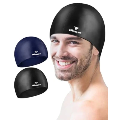 Image of Winsyne 2 Pack Silicone Swimming cap for Men Women, Unisex Adult Hat Short/Long Hair to Keep Dry, Waterproof Bathing Swim Cap(Black&amp;Navy)