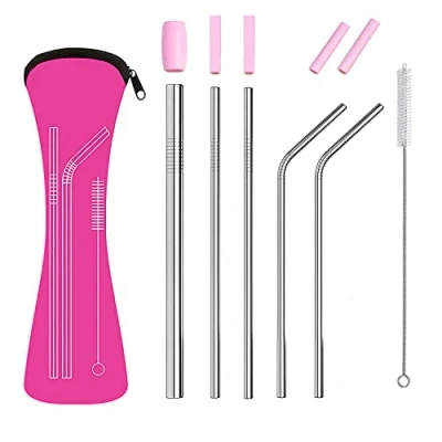 Image of Reusable Metal Straws Set with Portable Case and Cleaning Brush, Kids Adults Food Grade Stainless Steel Drinking Silicone Tips Great for Smoothie Hot Cold Drinks