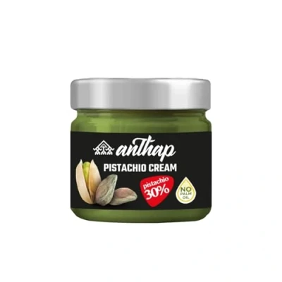Image of Anthap Anthapella Pistachio Cream, With 30% Pistachio, Sweet Spreadable Perfect for Making Dubai Chocolate, Desserts, On Bread Spread, Vegan, Gluten Free, Glass Jar, 200g
