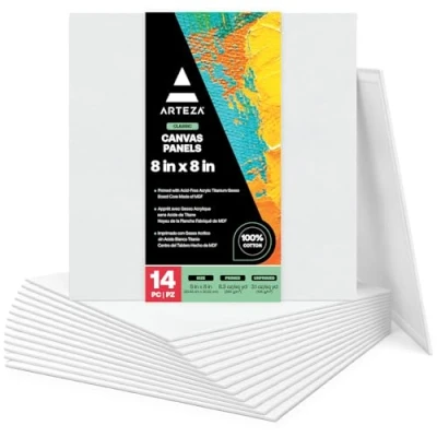 Image of Arteza 20 x cm (8&quot;x8&quot;) Blank Square Canvas Panels Boards, Pack of 14, Primed, 100% Cotton for Acrylic Painting, Oil Paint &amp; Wet Art Media, Supplies Artist, Hobby Painters Beginners,white