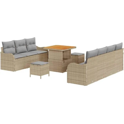 Image of vidaXL 10 Piece Garden Sofa Set with Cushions in Beige Poly Rattan Acacia