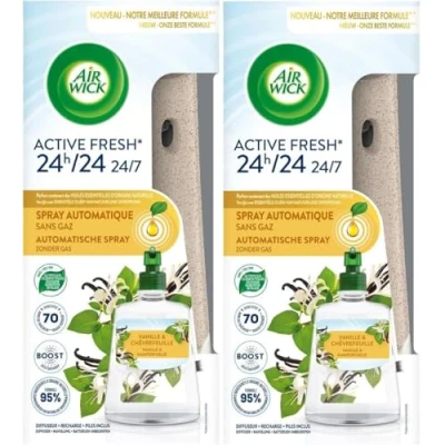 Image of 2 x Air Wick Active Fresh Automatic Spray Diffuser Unit + Vanilla &amp; Honeysuckle Refill 228ml