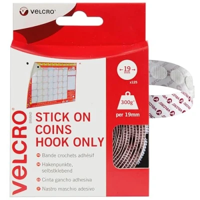 Image of VELCRO® Brand Stick On Coins Hook Side only Double Sided Self Adhesive Sticky Perfect for Room Décor &amp; Home, Office, Garage Use White 19mm x Pack of 125
