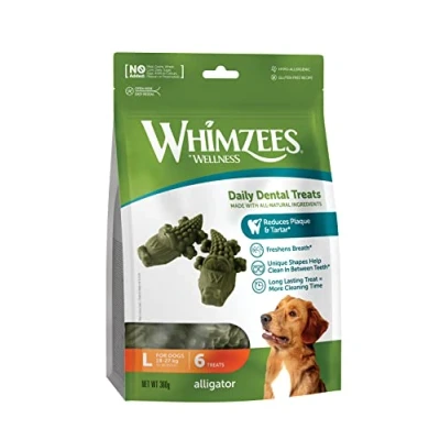 Image of WHIMZEES By Wellness Alligator, Natural and Grain Free Dog Chews, Dental Sticks for Large Breeds, 6 Pieces, Size L