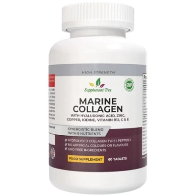 Image of Hydrolysed Marine Collagen Peptides Tablets 1200mg with Hyaluronic Acid, Vitamins C, E, B12, Copper, Zinc, &amp; Iodine High Strength Supplements for Women Men Hair Skin and Nails 60