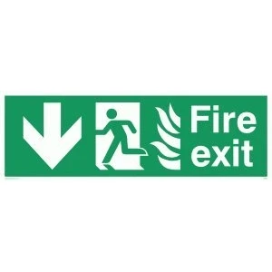 Image of Viking Signs SG698 L41 V &quot;Fire Exit&quot; Running Man Left Down Arrow Sign, Vinyl, 150 mm H x 450 W
