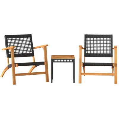 Image of vidaXL 3 Piece Bistro Set Black Poly Rattan and Solid Wood Acacia
