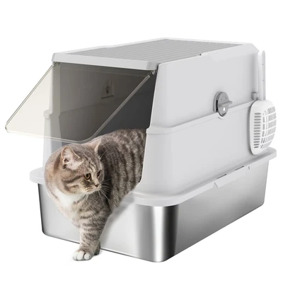 Image of Extra Large Stainless Steel Cat Litter Tray with Scoop, Flip Top Pawhut