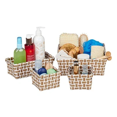 Image of Relaxdays Set of 4 Baskets, Woven, Robust, Storage Bin for Bath, Plastic, Shelf Unit, White Brown, 10 x 23.5 cm