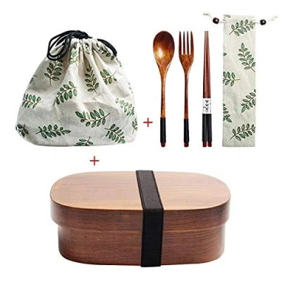 Image of Wooden Lunch Box Japanese Bento Dinnerware Set with Bag &amp; Spoon Fork Chopsticks Picnic for Students (JP7)