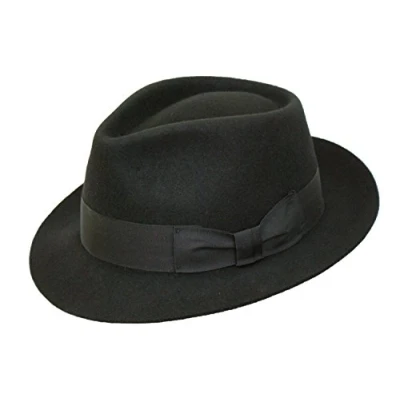 Image of Gents 100% Wool Hand Made Black Manhattan Felt Fedora Trilby Hat with Wide Band (Large (59cm))