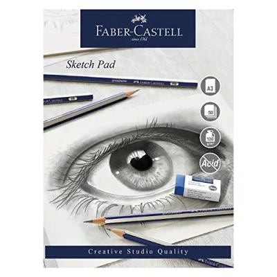 Image of Faber Castell Creative Studio Sketch Pad, A3, Acid Free Gummed Paper Pad 100 GSM, 50 Sheets for Graphite, Coloured Pencils, Charcoal, Sketching, Arts, Craft, Home and School