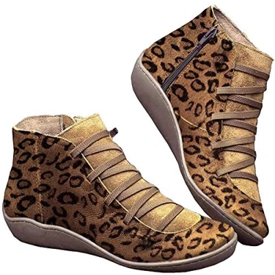 Image of Kinloy Ladies Flat Ankle Boots Women Comfy Low Heel Short Vintage Waterproof Arch Support Walking Booties Shoes Leopard Print Size 6 UK