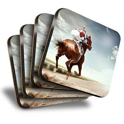 Image of Destination Vinyl ltd Great Coasters (Set of 4) Square Horse Racing Equestrian Jockey Drink Glossy Coasters/Tabletop Protection for Any Table Type #13263