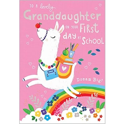 Image of Abacus Cards Granddaughter First Day at School &#039;Good Luck&#039; Card Pretty Design with Llama and Rainbow Foil Finish for Her The 100% Kids Range