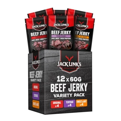Image of Jack Link&#039;s Beef Jerky, Mixed Flavour Box, High Protein Meat Snack 4 x 60 g Original, Sweet &amp; Hot, Teriyaki Packs