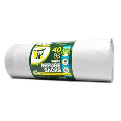 Image of Bin IT 40 White Drawstring 50L Strong &amp; Secure, Refuse Sacks, Bags, Liners, Recycled, Tear Resistant, 30 μm, Perfect for Everyday Use, Household, Office, Kitchen Caterers